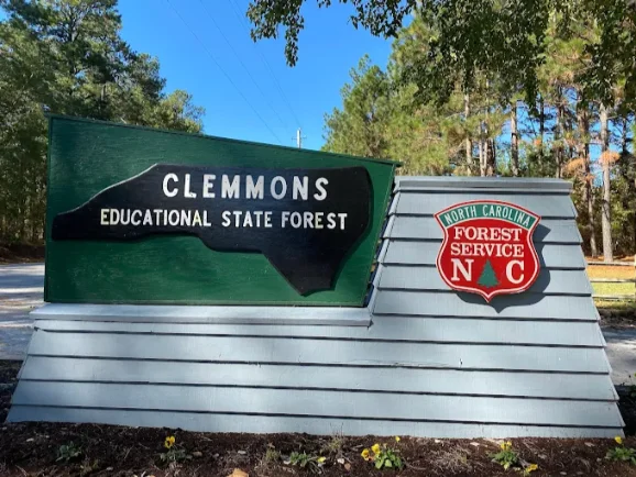 Clemmons Educational State Forest Sign Wooden sign for "Clemmons Educational State Forest" with the North Carolina Forest Service logo.