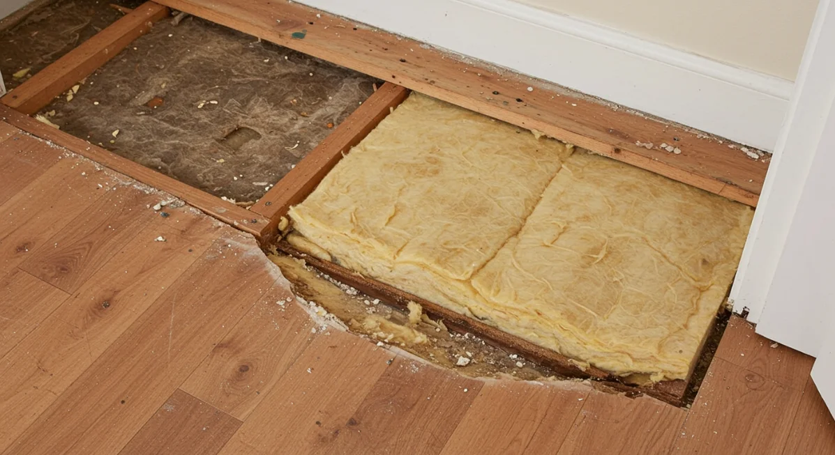 Exploring Fibrous Insulation: Floor Installation and Material Close-Up The shows yellowish fiberglass insulation batts exposed in a cut-away section of a wooden floor with laminate planks.