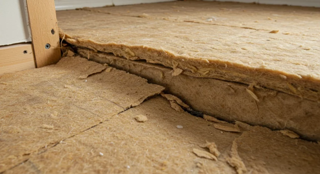 The is a close-up of a thicker, yellowish-brown fibrous insulation board or dense batt, showing its layered texture and a broken edge.