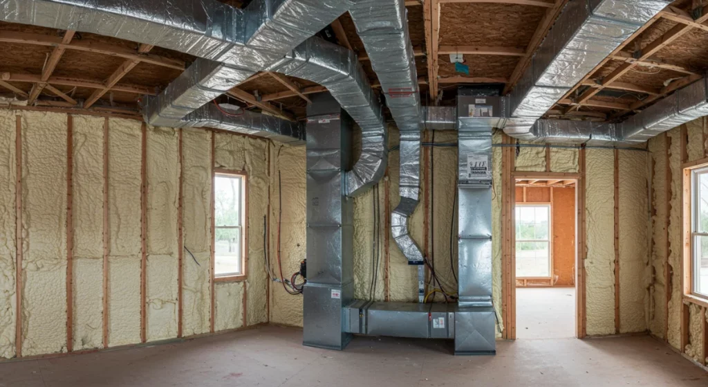 Interior of a house under construction showing exposed wooden wall studs filled with yellowish spray foam insulation, and prominent silver HVAC ductwork running along the unfinished ceiling and down into two vertical units on the floor.