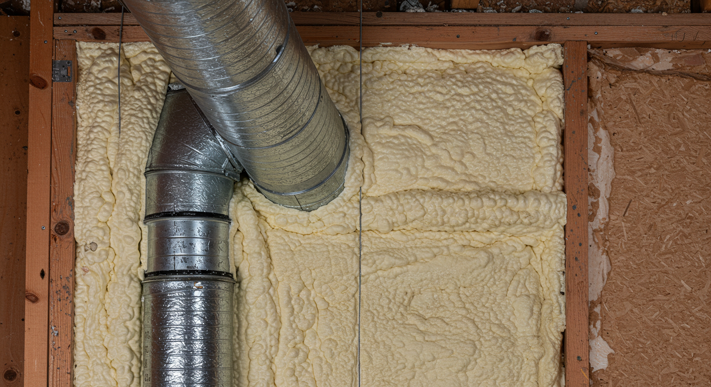 Enhancing HVAC Efficiency with Spray Foam Insulation Spray foam insulation around HVAC ductwork in a residential wall