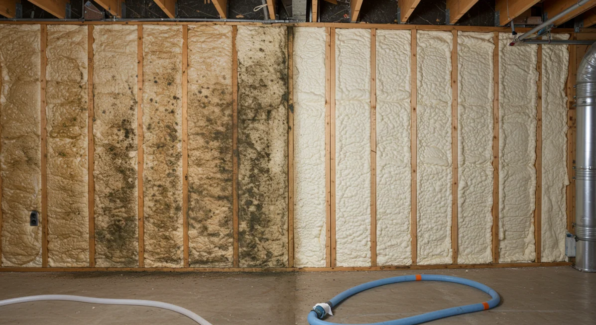 How Spray Foam Insulation Prevents Mold Growth Comparison of moldy and clean spray foam insulation in a basement wall