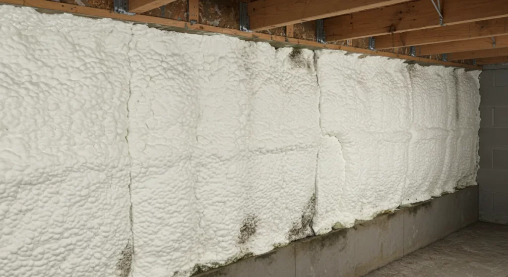 White spray foam insulation applied to a concrete basement foundation wall, with exposed wooden floor joists above and visible dark discoloration at the base.