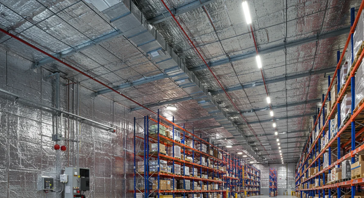 Warehouse Construction & Insulation: A Tale of Two Facilities Two comparative images of large warehouse interiors: the top image shows a warehouse with walls and ceiling covered in reflective foil insulation and red fire suppression pipes; the bottom image shows a warehouse with yellowish insulation panels on the walls and an OSB wood panel ceiling. Both feature tall industrial racking systems filled with goods.