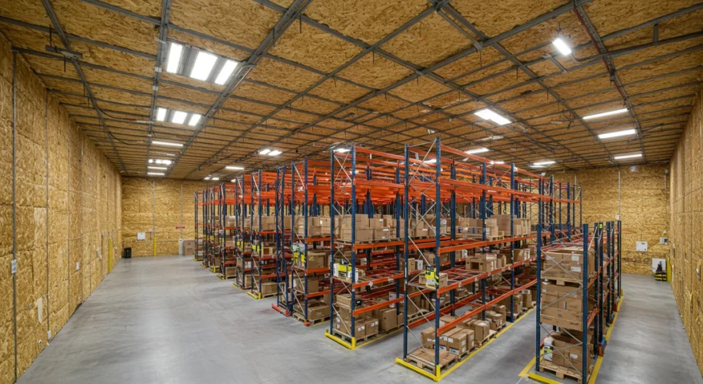 Two comparative images of large warehouse interiors: the top image shows a warehouse with walls and ceiling covered in reflective foil insulation and red fire suppression pipes; the bottom image shows a warehouse with yellowish insulation panels on the walls and an OSB wood panel ceiling. Both feature tall industrial racking systems filled with goods.